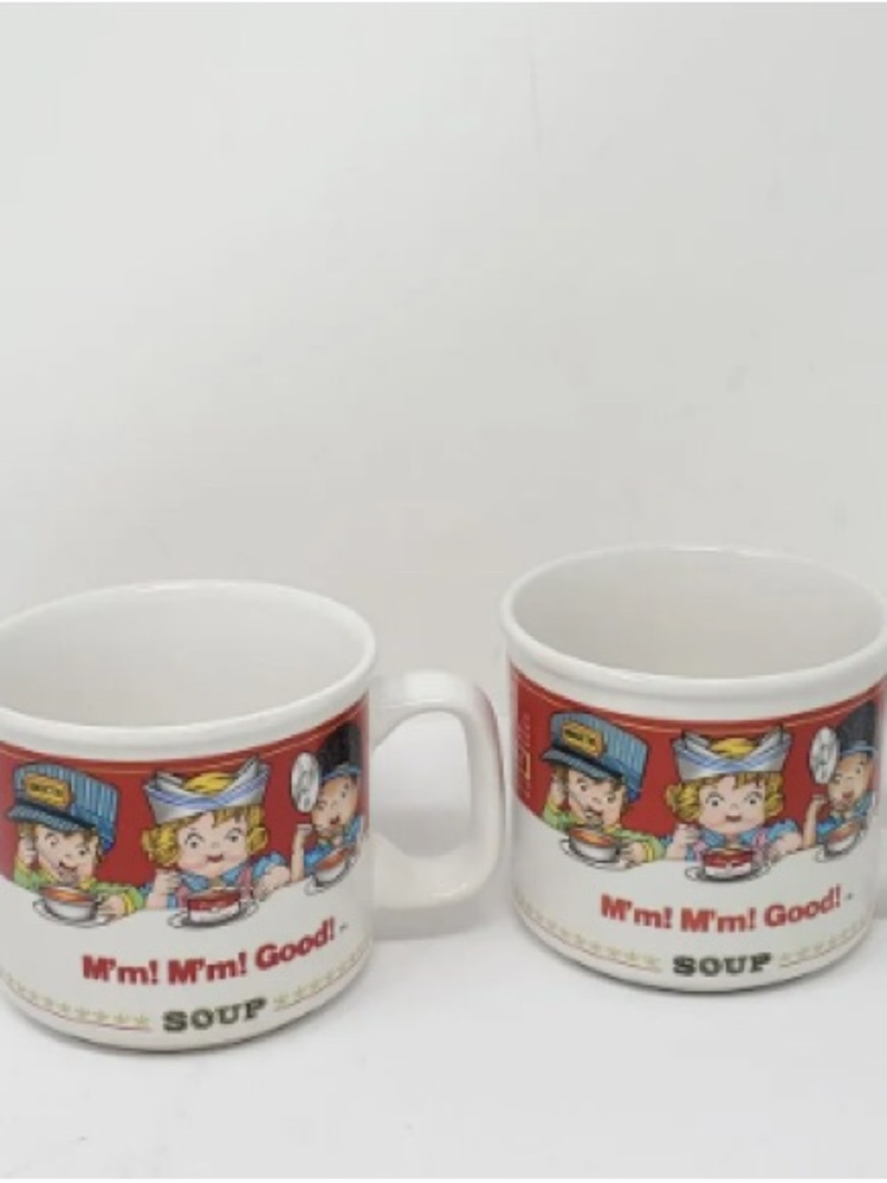 Set of 2 White and Red Cartoon Soup Mugs